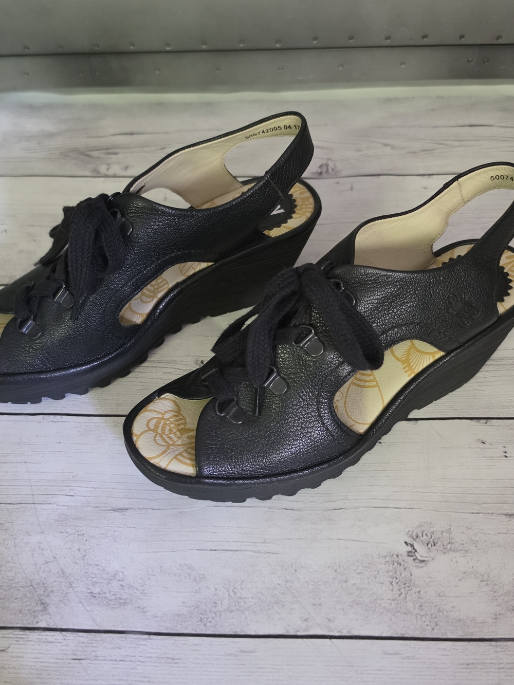 New Fly London Ylfa Women's Black Leather Wedge Sandal with Lace-Up Detail EU 39